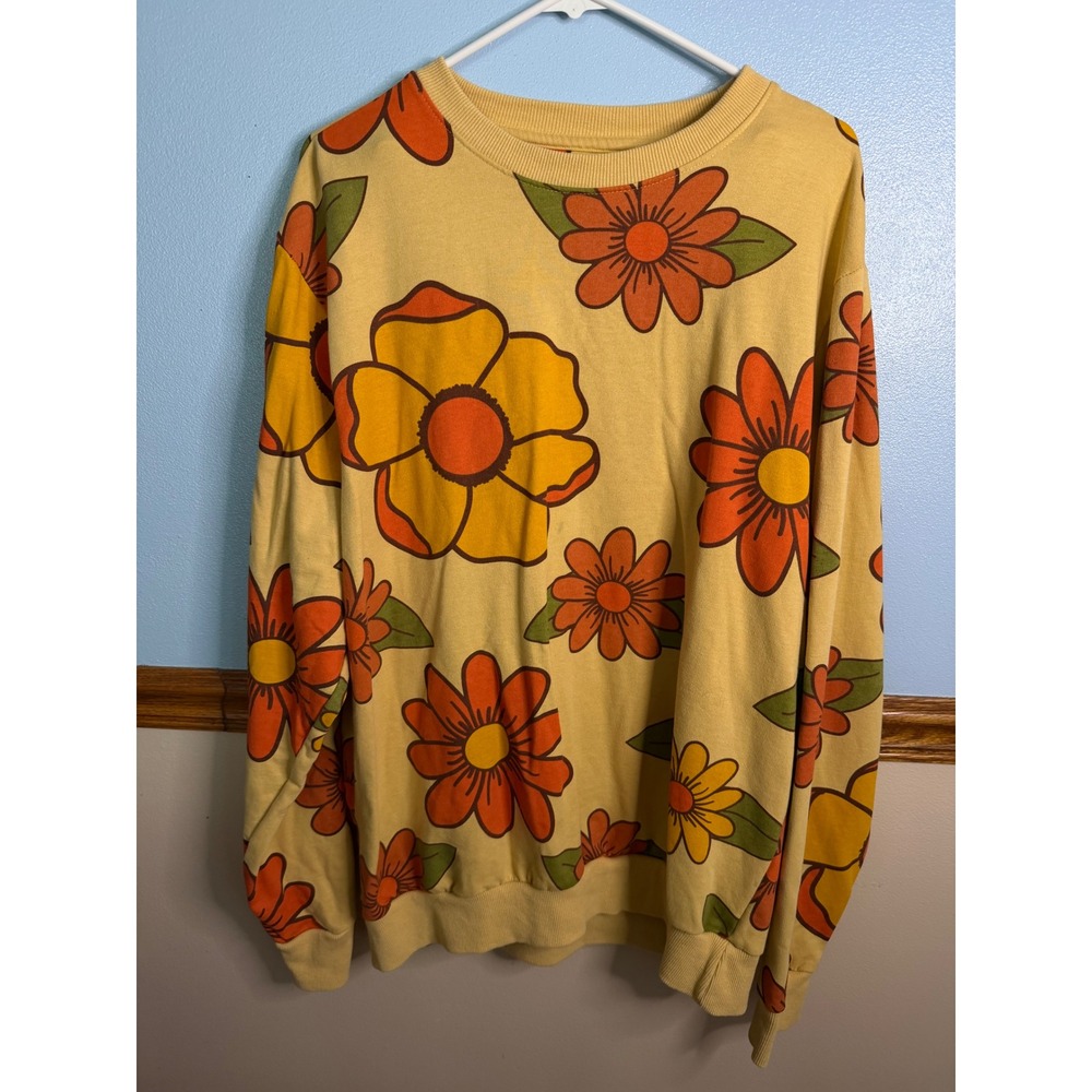 Super Massive Floral Print Sweatshirt XL Yellow Orange Retro 70s Crewneck